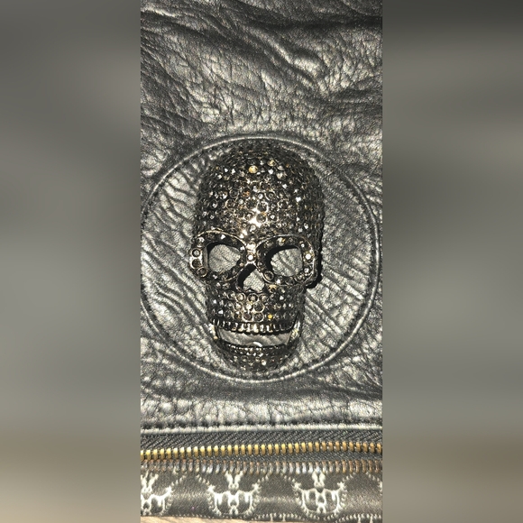 Thomas Wylde Goth Leather Black Skull Clutch With Rhinestones Duster Bag - Picture 8 of 13